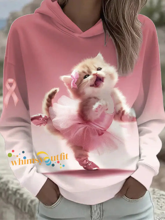 Women’s Breast Cancer Awareness Pink Ballet Cat Print Sweatshirt As picture / S