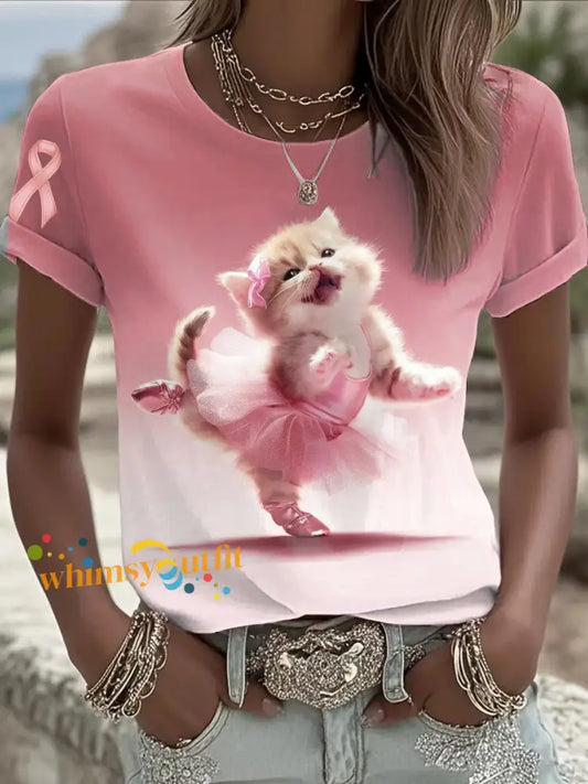 Women’s Breast Cancer Awareness Pink Ballet Cat Print T shirt As picture / S
