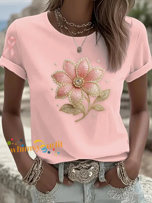 Women’s Breast Cancer Awareness Pink Floral Art short sleeved T shirt Pink / S