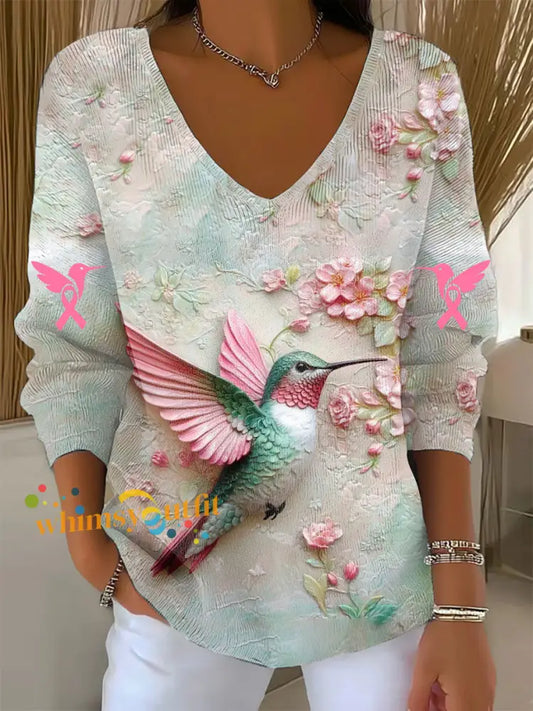 Women’s Breast Cancer Awareness Pink Hummingbird Print V Neck Top As picture / S