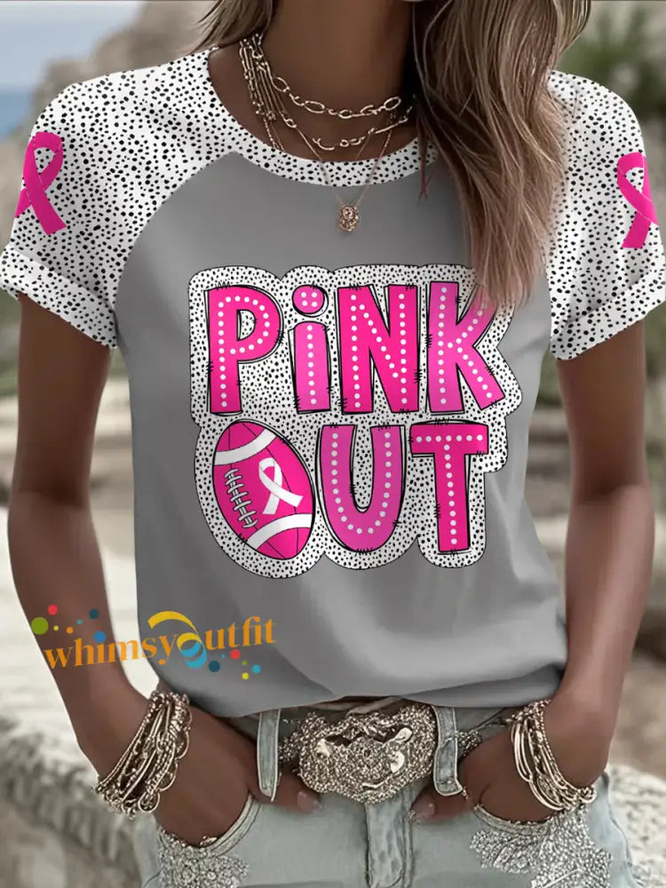 Women’s Breast Cancer Awareness Pink Out Football Printed T shirt Light Gray / S