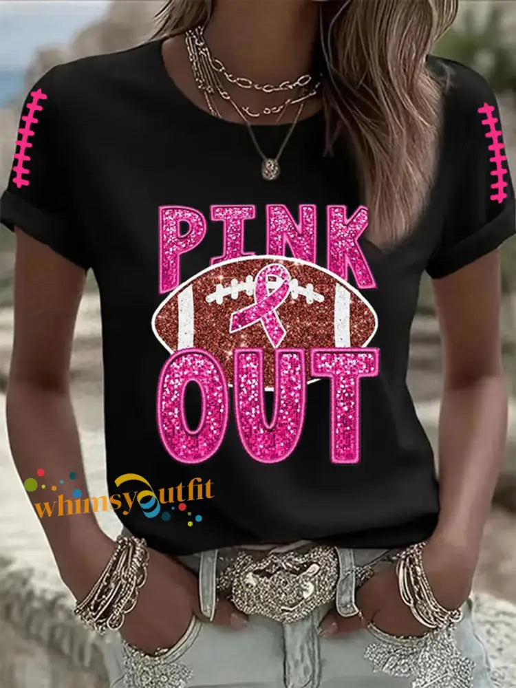Women’s Breast cancer Awareness Pink Ribbon Pink Out Print Casual T Shirt Black / S