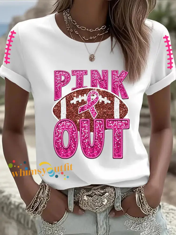 Women’s Breast cancer Awareness Pink Ribbon Pink Out Print Casual T Shirt White / S