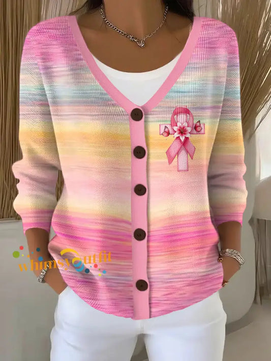 Women’s Breast Cancer Awareness Pink Ribbon Print Casual Cardigan Pink / S