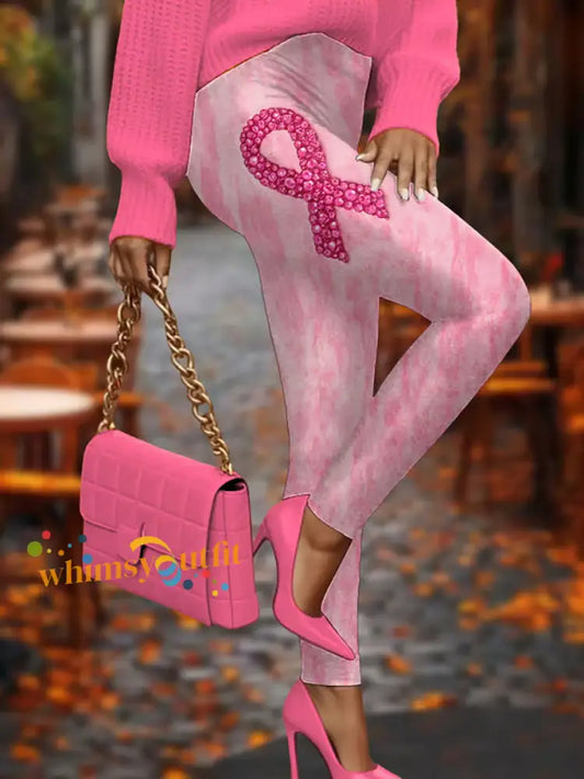 Women’s Breast Cancer Awareness Pink Ribbon Print Casual Leggings Pink / S