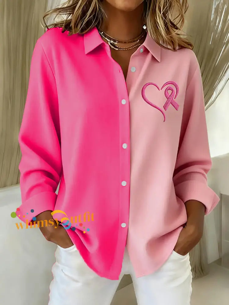Women’s Breast Cancer Awareness Pink Ribbon Print Casual Shirt Pink / S