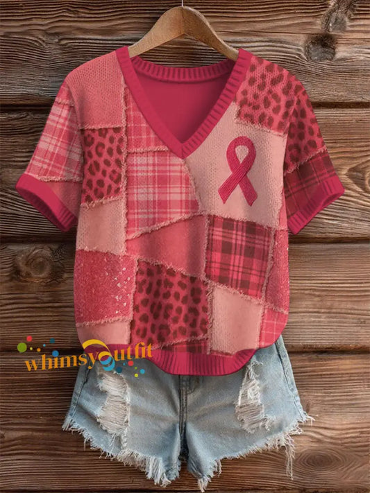 Women’s Breast Cancer Awareness Pink Ribbon Print Casual T shirt As picture / S