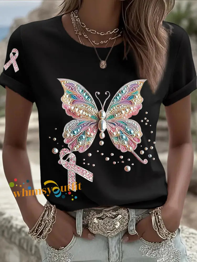 Women’s Breast Cancer Awareness Pink Ribbon Print Casual T shirt Black / S