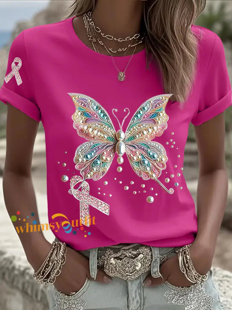 Women’s Breast Cancer Awareness Pink Ribbon Print Casual T shirt Rose Red / S