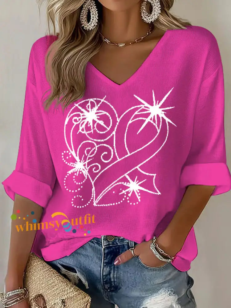 Women’s Breast Cancer Awareness Pink Ribbon Print Casual T shirt Rose Red / S