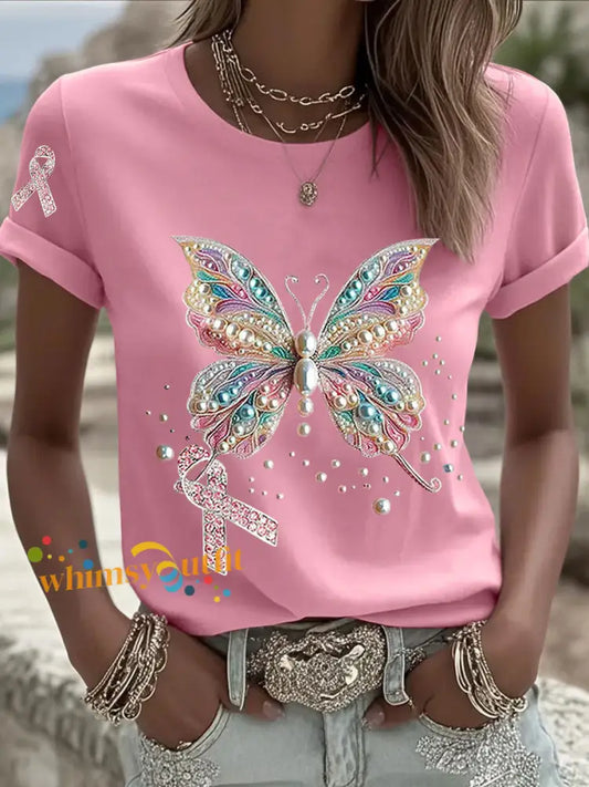 Women’s Breast Cancer Awareness Pink Ribbon Print Casual T shirt Pink / S