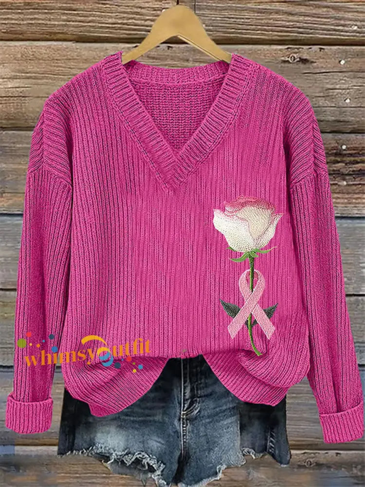 Women’s Breast Cancer Awareness Pink Ribbon Print Casual Top Rose Red / S