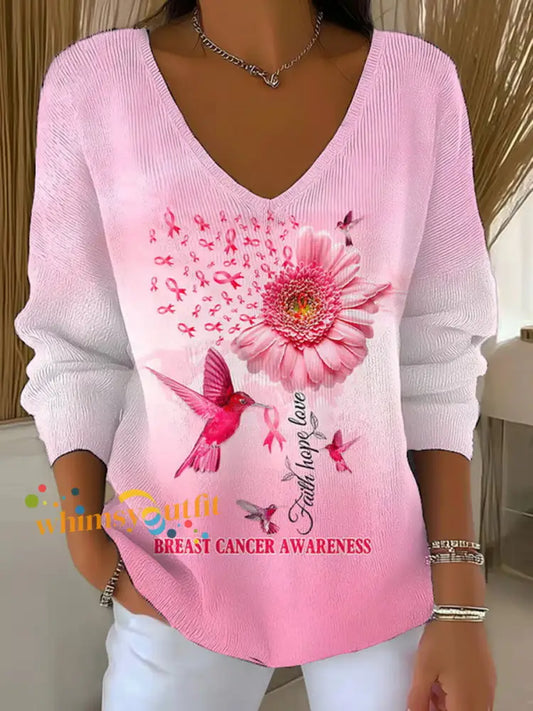 Women’s Breast Cancer Awareness Pink Ribbon Print Casual Top Pink / S