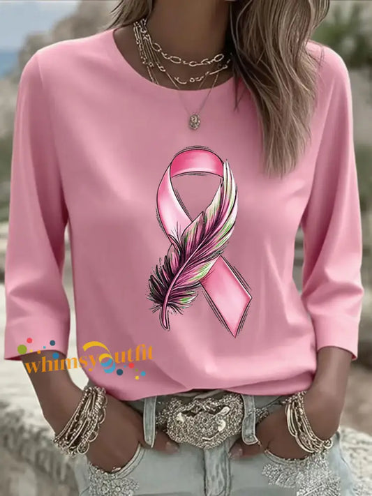 Women’s Breast Cancer Awareness Pink Ribbon Printed Long Sleeve Shirt Light Pink / S