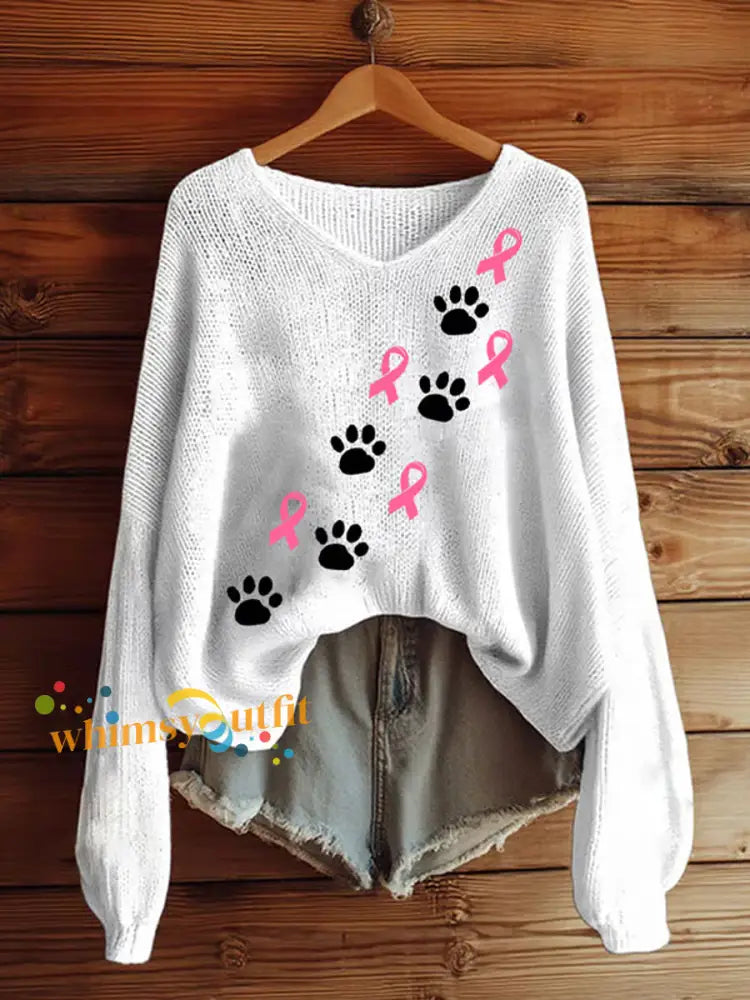 Women’s Breast Cancer Awareness Pink Ribbon Printed V neck Top White / S