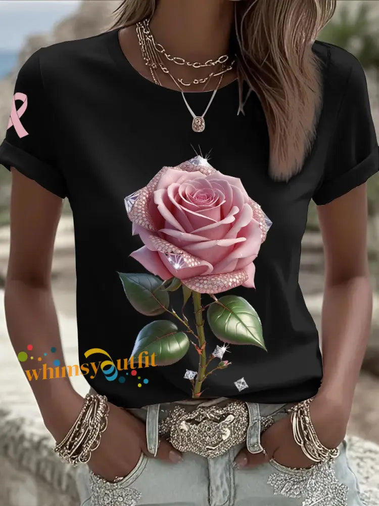 Women’s Breast Cancer Awareness Pink Roses T Shirts Black / S