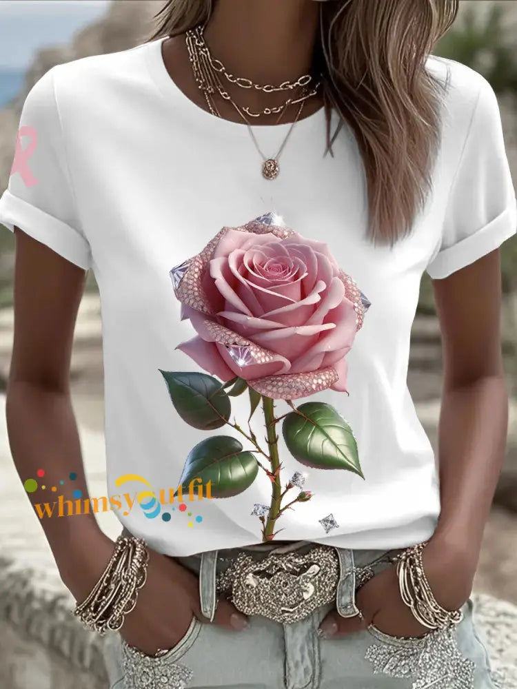 Women’s Breast Cancer Awareness Pink Roses T Shirts White / S