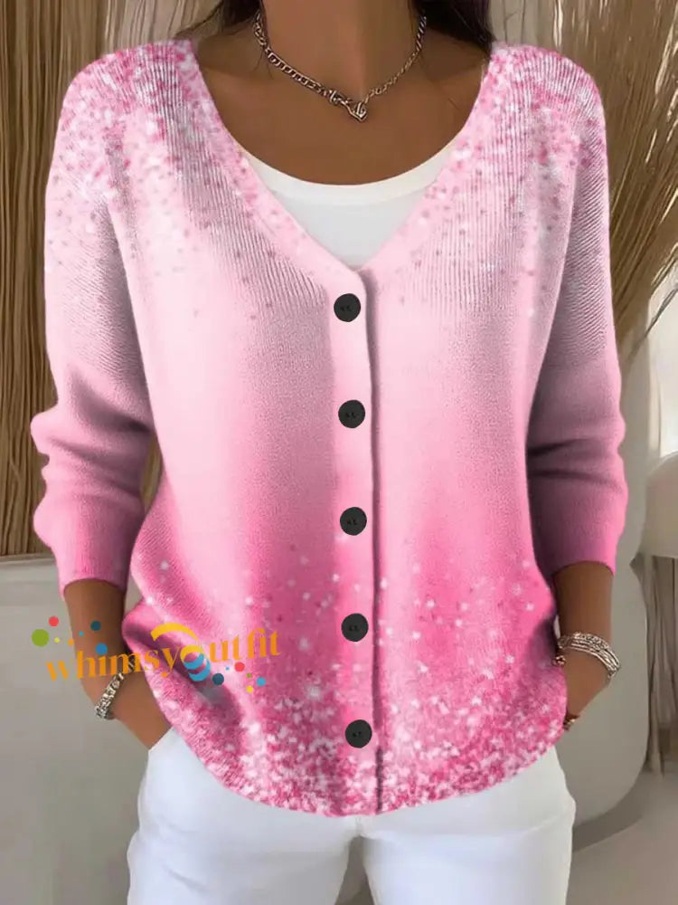 Women’s Breast Cancer Awareness Print Buttoned V neck Cardigan Sweater As picture / S