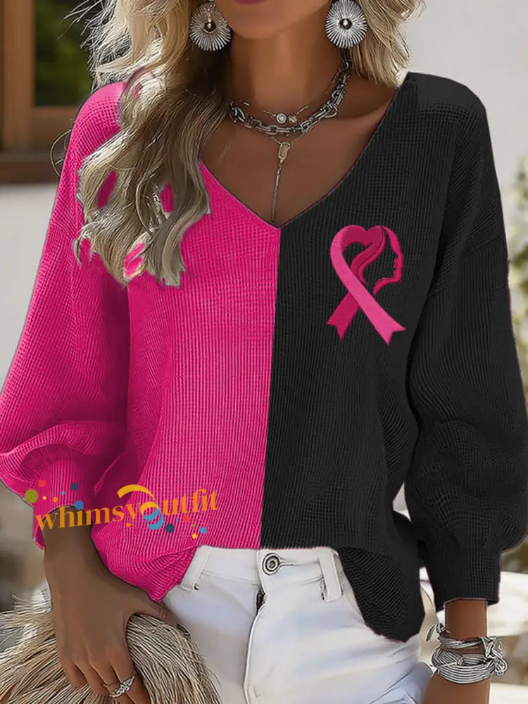 Women’s Breast Cancer Awareness Print Casual Long Sleeve Shirt Black / S