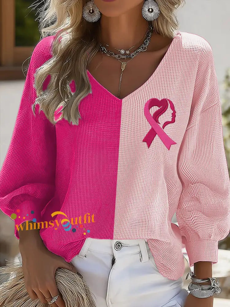 Women’s Breast Cancer Awareness Print Casual Long Sleeve Shirt Pink / S