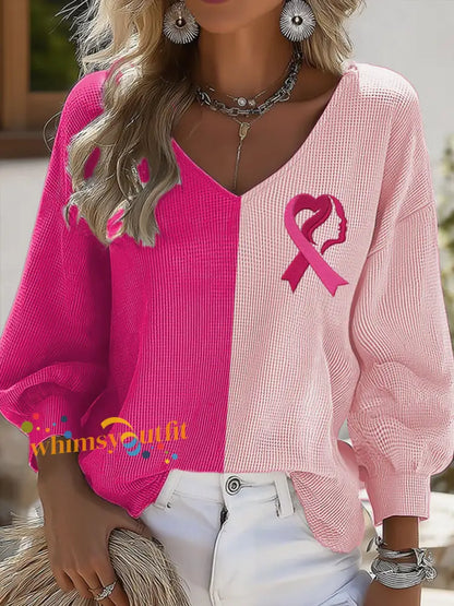 Women’s Breast Cancer Awareness Print Casual Long Sleeve Shirt Pink / S