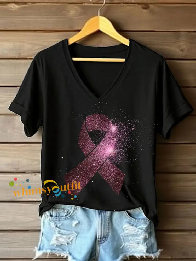 Women’s Breast Cancer Awareness Print Casual T Shirt Black / S