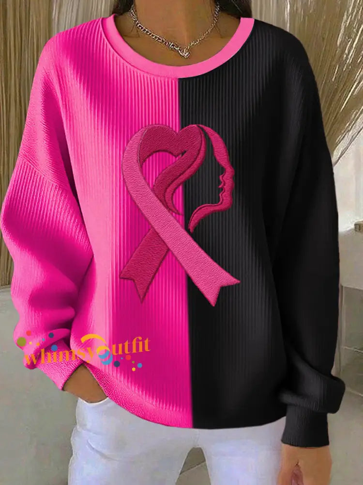 Women’s Breast Cancer Awareness Print Ribbed Round-Neck Sweatshirt Black / S