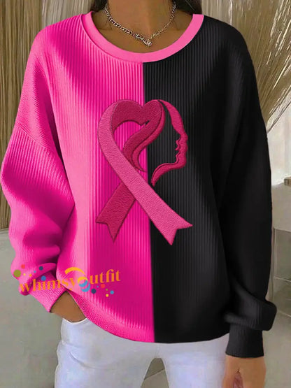 Women’s Breast Cancer Awareness Print Ribbed Round-Neck Sweatshirt Black / S