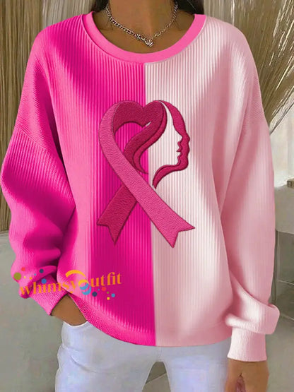 Women’s Breast Cancer Awareness Print Ribbed Round-Neck Sweatshirt Pink / S