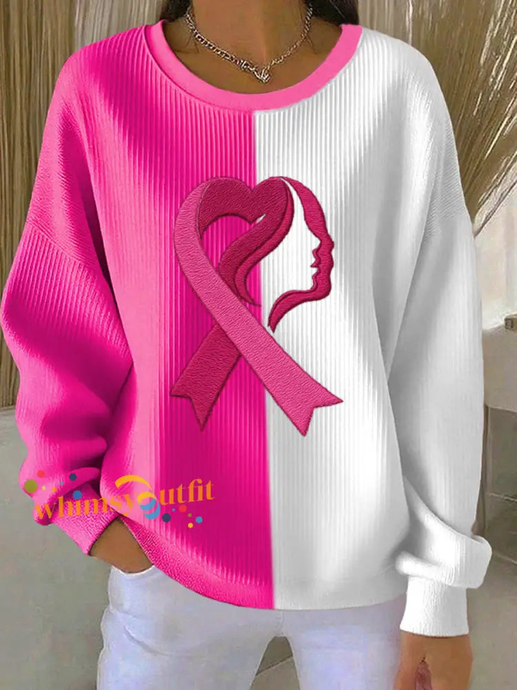Women’s Breast Cancer Awareness Print Ribbed Round-Neck Sweatshirt White / S