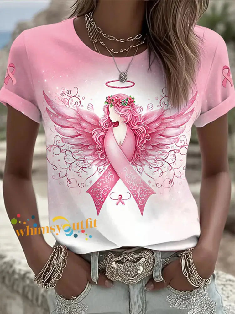 Women’s Breast Cancer Awareness Print Round Neck T-Shirt Pink / S