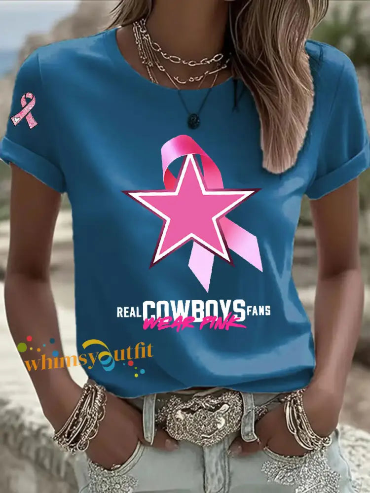 Women’s Breast Cancer Awareness Printed Casual T Shirt Blue / S
