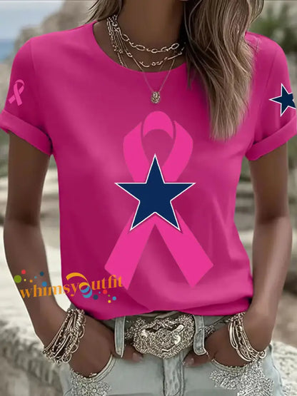 Women’s Breast Cancer Awareness Printed Casual T Shirt Rose Red / S