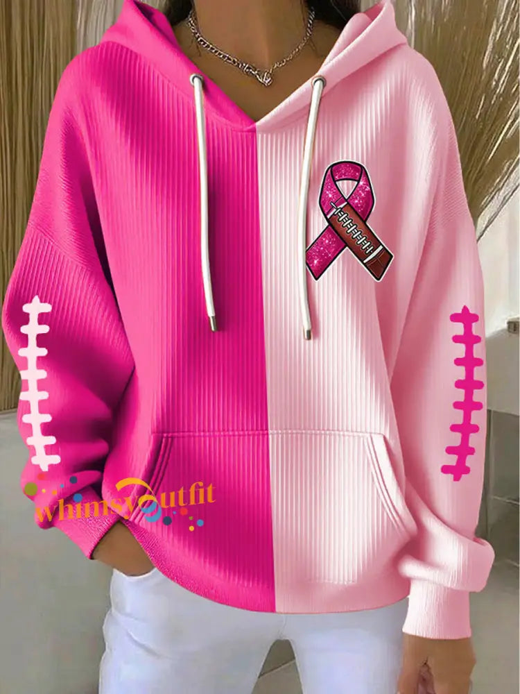 Women’s Breast Cancer Awareness Rugby Pink Ribbon Print Casual Hoodie Pink / S
