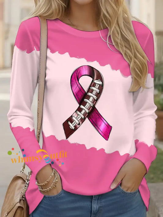 Women’s Breast Cancer Awareness Rugby Ribbon Print Casual Long Sleeve T shirt Pink / S