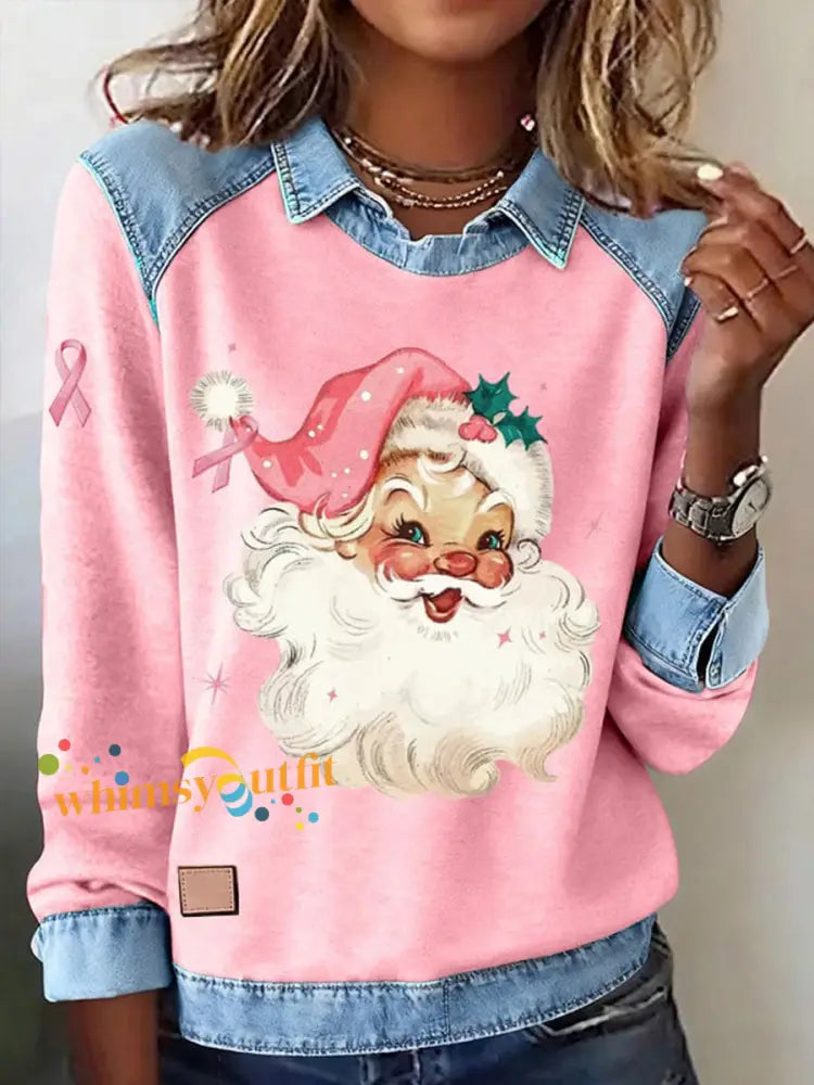 Women’s Breast Cancer Awareness Santa Claus Printed Top Pink / S
