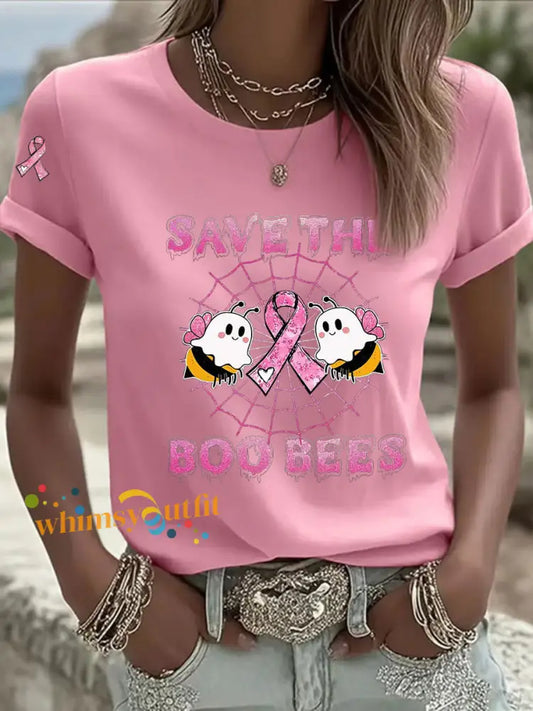 Women’s Breast Cancer Awareness Save The Boo Bees Print Casual T Shirt Pink / S