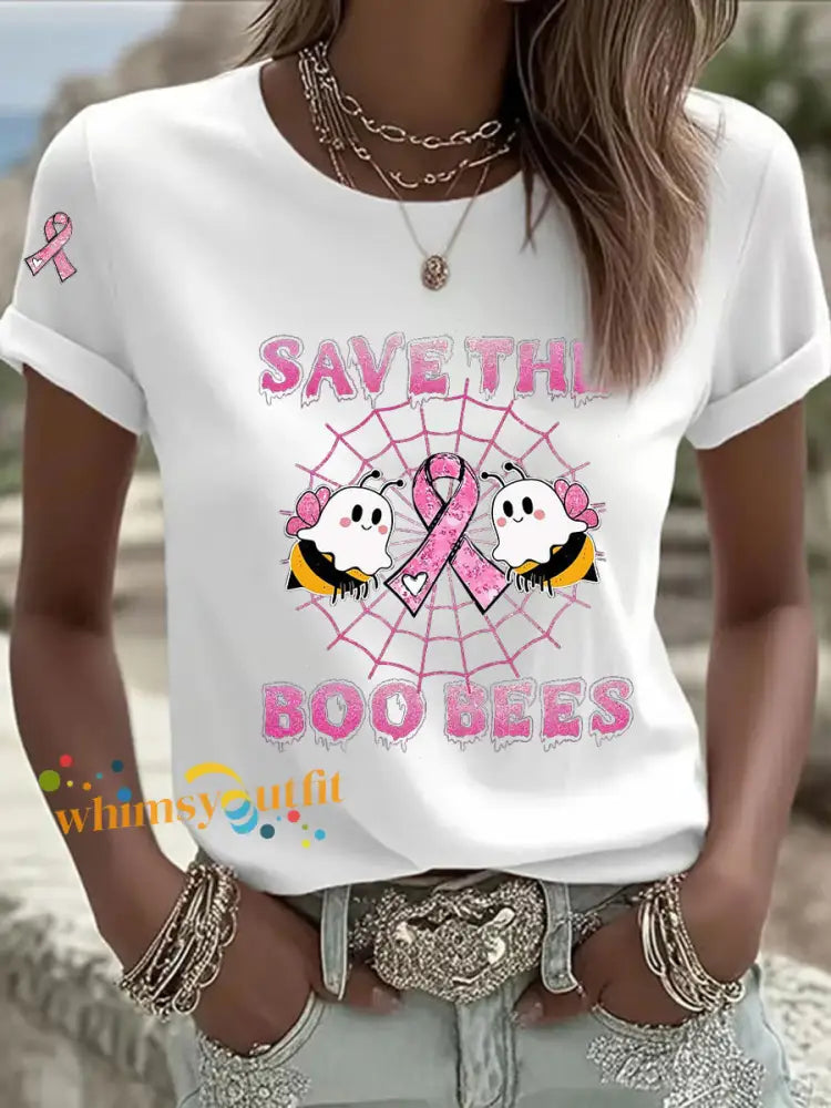 Women’s Breast Cancer Awareness Save The Boo Bees Print Casual T Shirt White / S