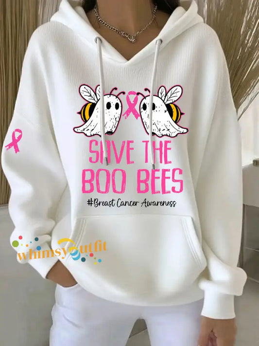 Women’s Breast Cancer Awareness Save The Boo Bees Printed Casual Hoodie White / S