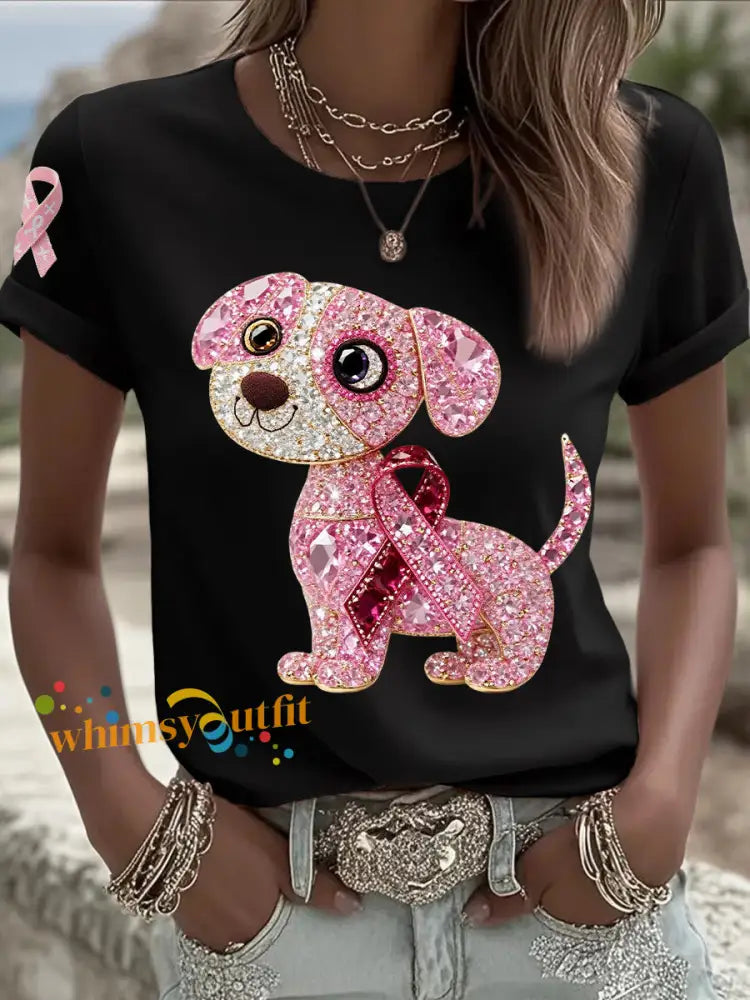 Women’s Breast Cancer Awareness Support Pink Dog Pink Ribbon Print Short Sleeve Top Black / S