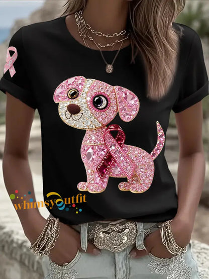 Women’s Breast Cancer Awareness Support Pink Dog Pink Ribbon Print Short Sleeve Top Black / S