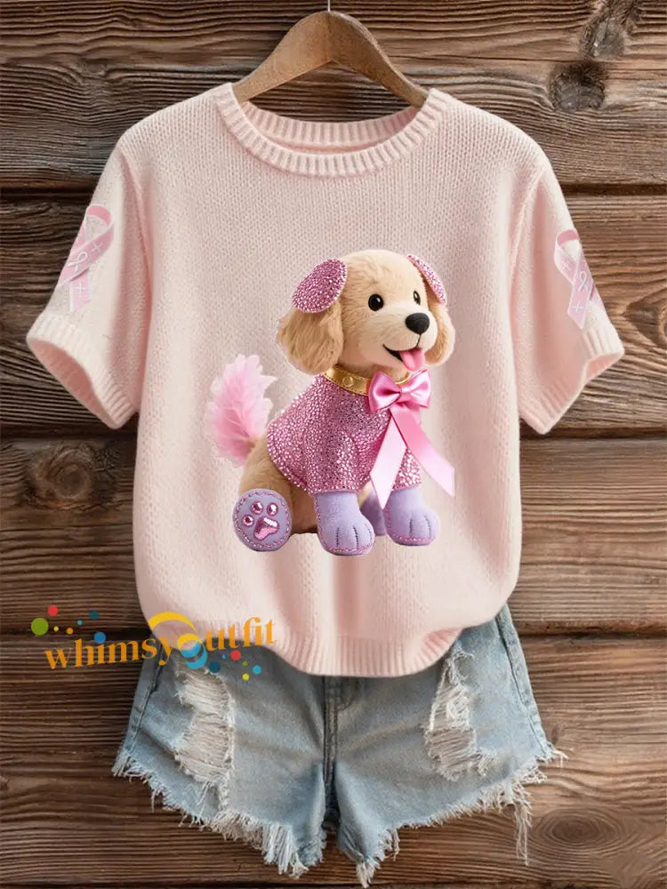 Women’s Breast Cancer Awareness Support Pink Dog Pink Ribbon Print Short Sleeve Top Light Pink / S