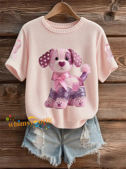 Women’s Breast Cancer Awareness Support Pink Dog Pink Ribbon Print Short Sleeve Top Light Pink / S