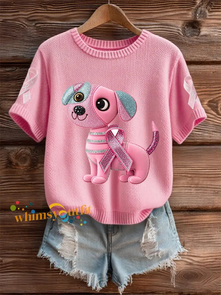 Women’s Breast Cancer Awareness Support Pink Dog Pink Ribbon Print Short Sleeve Top Pink / S