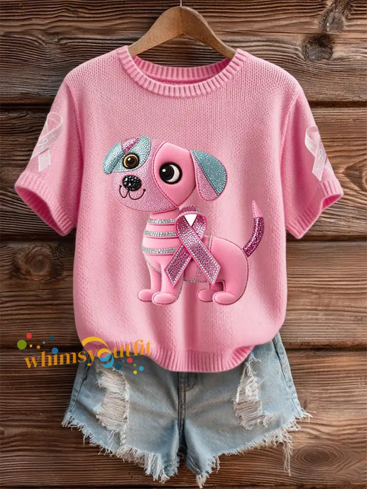 Women’s Breast Cancer Awareness Support Pink Dog Pink Ribbon Print Short Sleeve Top Pink / S