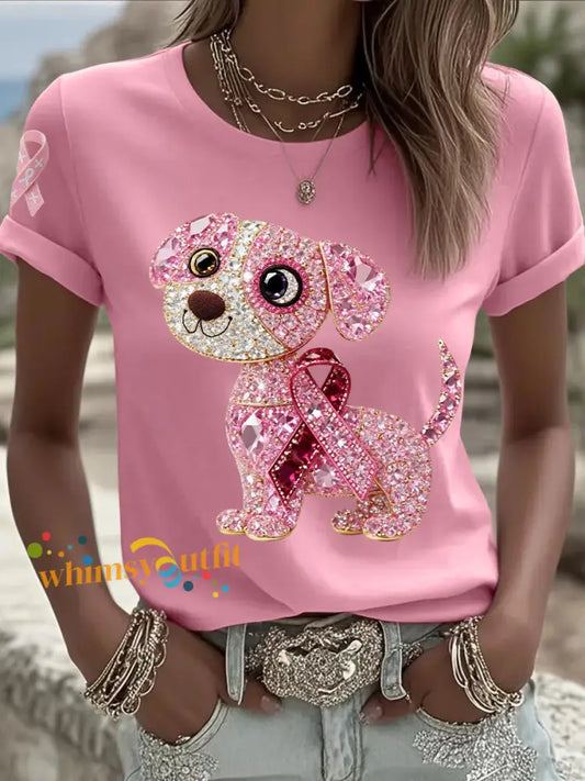 Women’s Breast Cancer Awareness Support Pink Dog Pink Ribbon Print Short Sleeve Top Pink / S