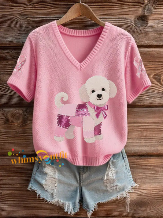 Women’s Breast Cancer Awareness Support Pink Dog Pink Ribbon Print Short Sleeve Top Pink / S