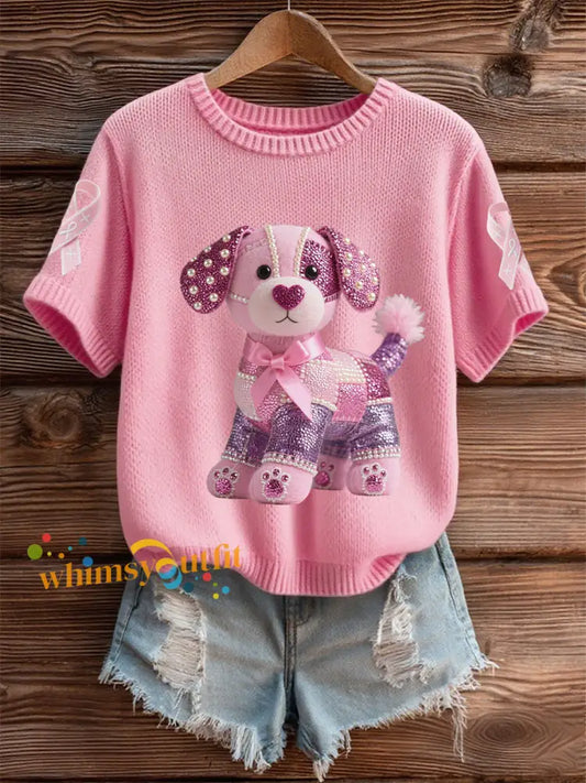 Women’s Breast Cancer Awareness Support Pink Dog Pink Ribbon Print Short Sleeve Top Pink / S