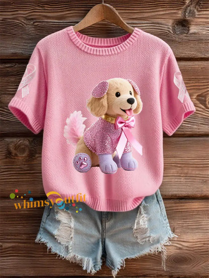 Women’s Breast Cancer Awareness Support Pink Dog Pink Ribbon Print Short Sleeve Top Pink / S
