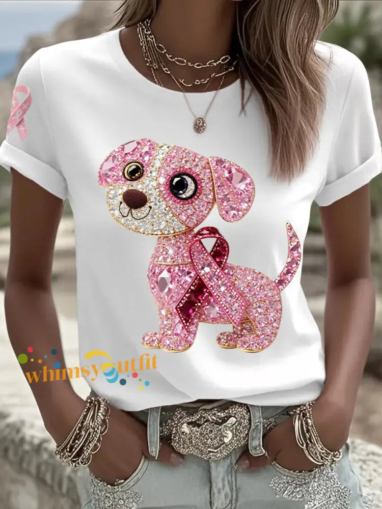 Women’s Breast Cancer Awareness Support Pink Dog Pink Ribbon Print Short Sleeve Top White / S
